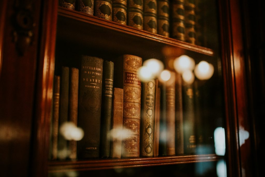 Close-up of legal reference books in a law library