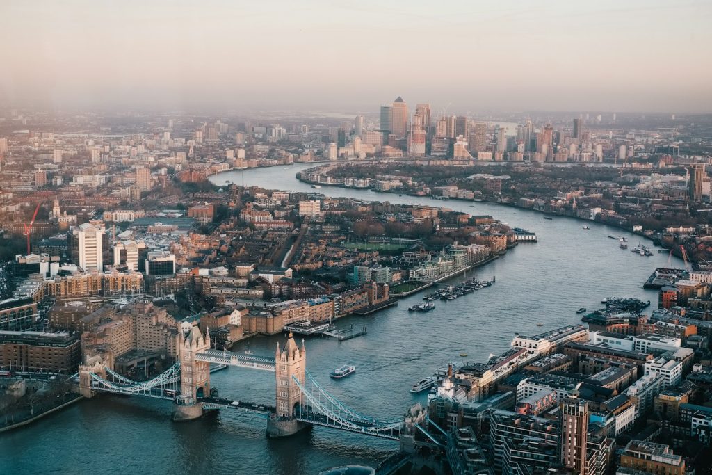 Aerial view of London and the River Thames representing police forces across England and Wales