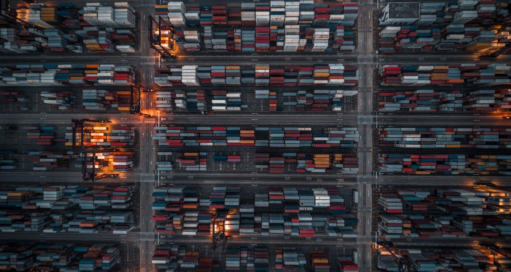Aerial view of shipping containers representing product liability claims